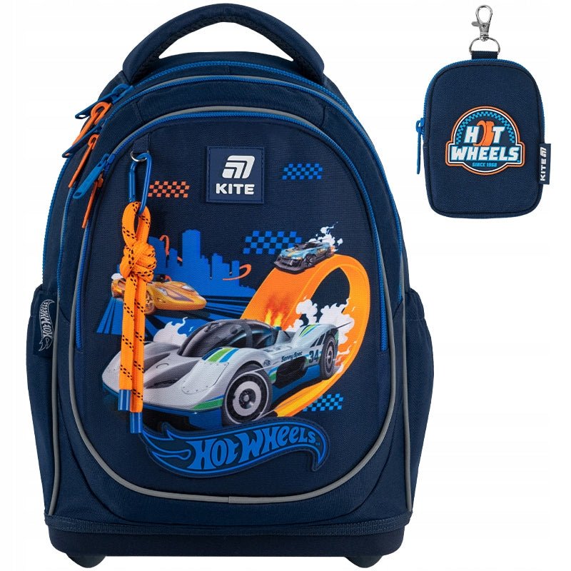 Plecak HOT WHEELS Kite – widok z przodu z kolorowym nadrukiem auta