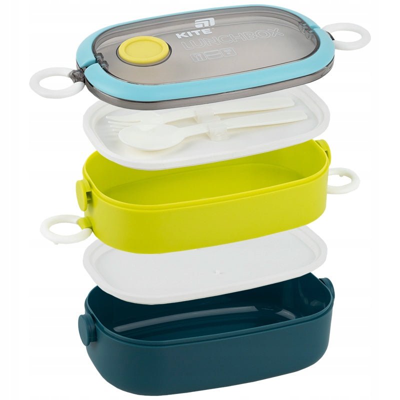 Śniadaniówka z łyżką i widelcem schowanymi wewnątrz pojemnika