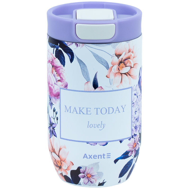Fioletowy kubek termiczny Axent Violet Whispers w kwiaty na białym tle.
