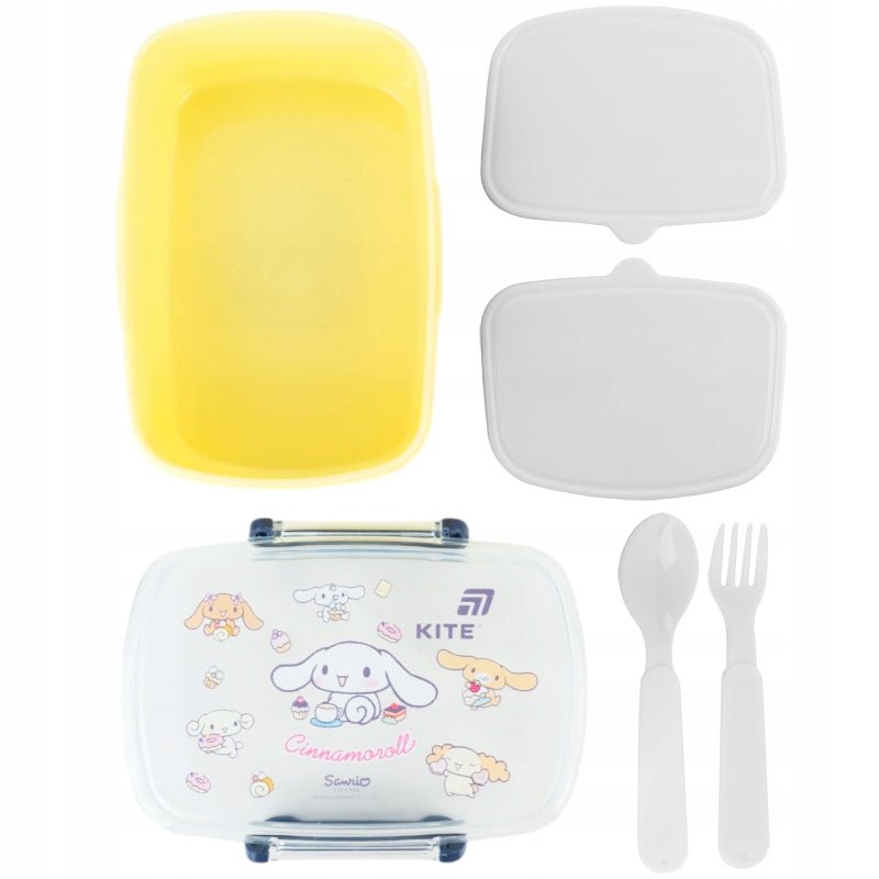Żółty lunchbox Kite Cinnamoroll z wyposażeniem do zmywarki i mikrofali.