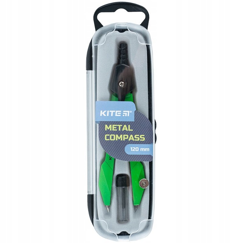 Zielony metalowy cyrkiel szkolny Kite 120 mm w przezroczystym etui