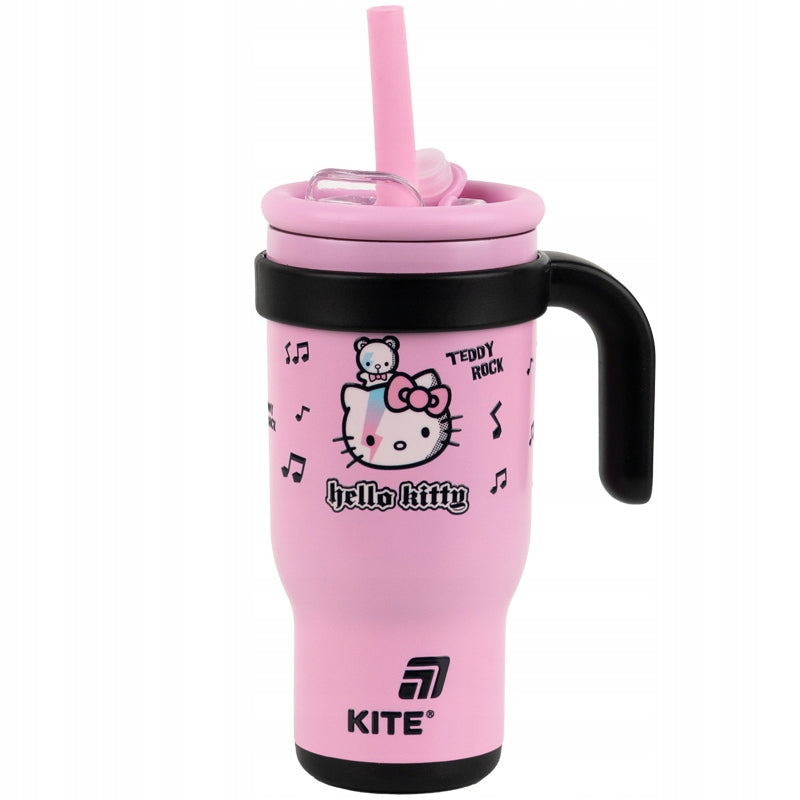 Kubek termiczny Kite Hello Kitty w kolorze różowym z dużym, kolorowym nadrukiem licencyjnym.