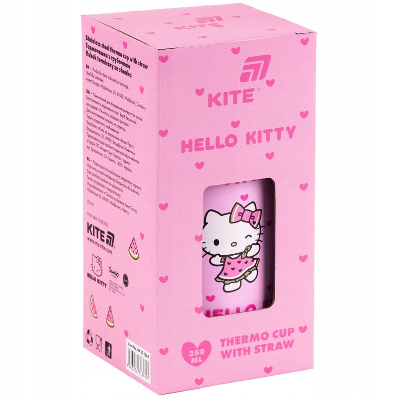 Kubek termiczny ze słomką Hello Kitty w estetycznym opakowaniu wraz z dołączoną szczoteczką.