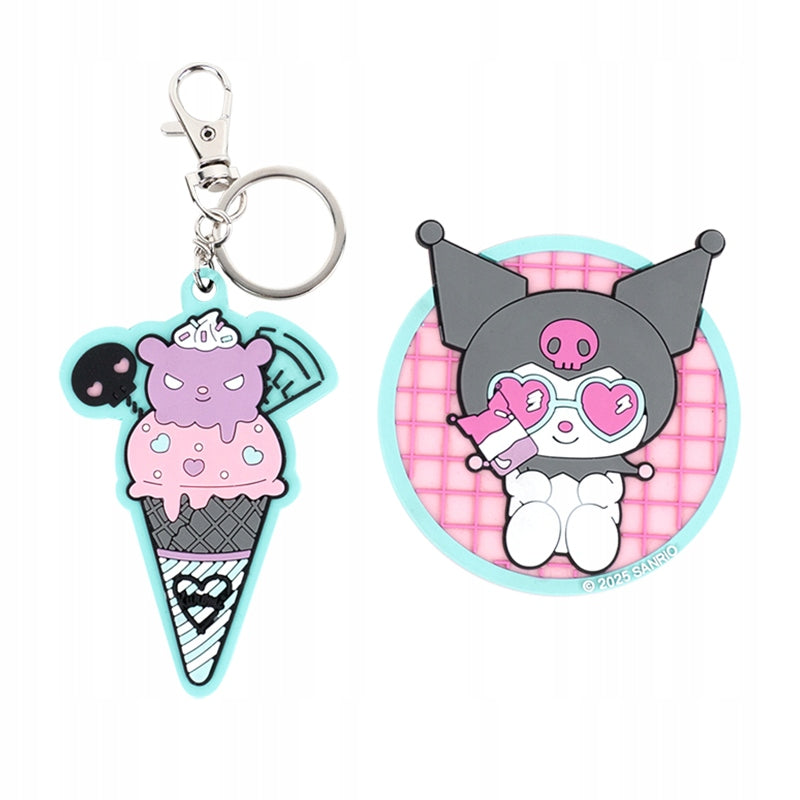 Gadżety Sanrio Kuromi Kite – naszywki i brelok w estetycznym opakowaniu.