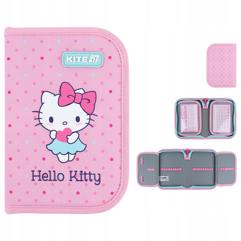 Zestawienie ujęć różowego piórnika Kite Hello Kitty z każdej strony pokazujące nadruk 3D.