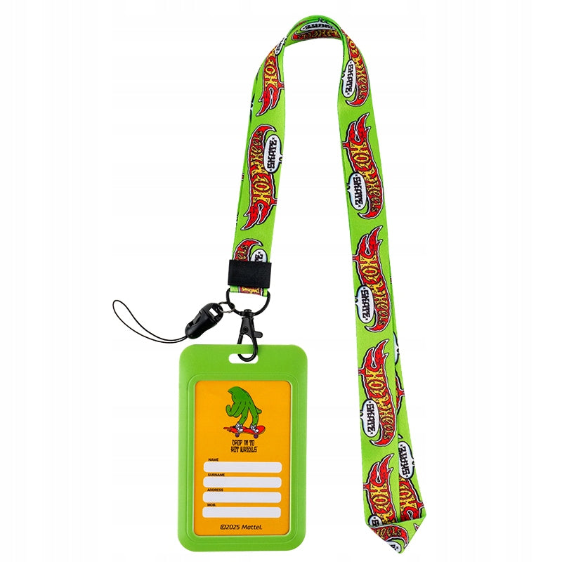 Przednia strona identyfikatora Hot Wheels Kite z kolorowym motywem samochodowym i przezroczystą kieszenią.