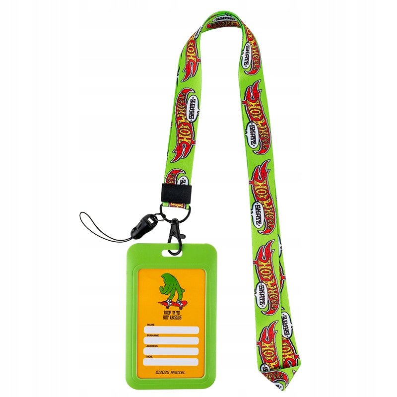 Przednia strona identyfikatora Hot Wheels Kite z kolorowym motywem samochodowym i przezroczystą kieszenią.