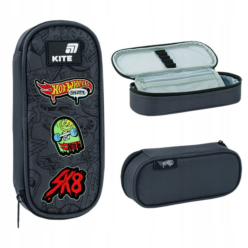 Prezentacja szarego piórnika saszetki Kite Hot Wheels z różnych perspektyw ukazująca jego kształt.