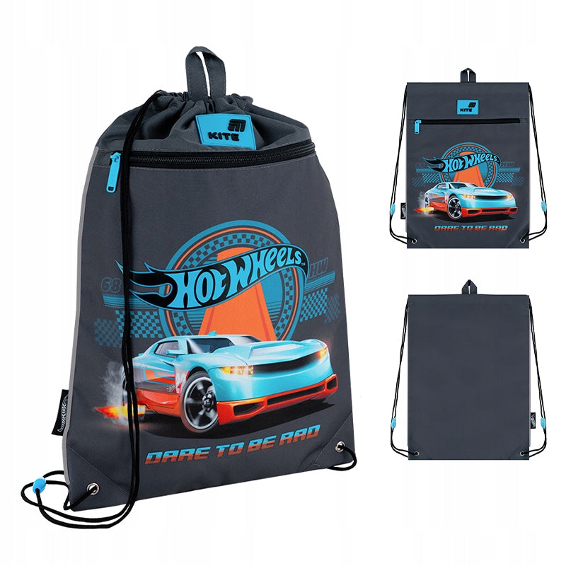 Szary worek na obuwie Kite Hot Wheels z grafiką auta wyścigowego – ogólny widok.