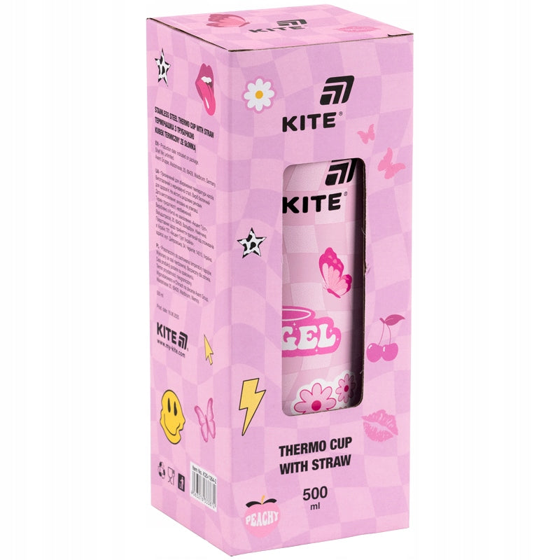 Kubek termiczny ze słomką Angel w firmowym opakowaniu wraz z akcesorium do mycia.