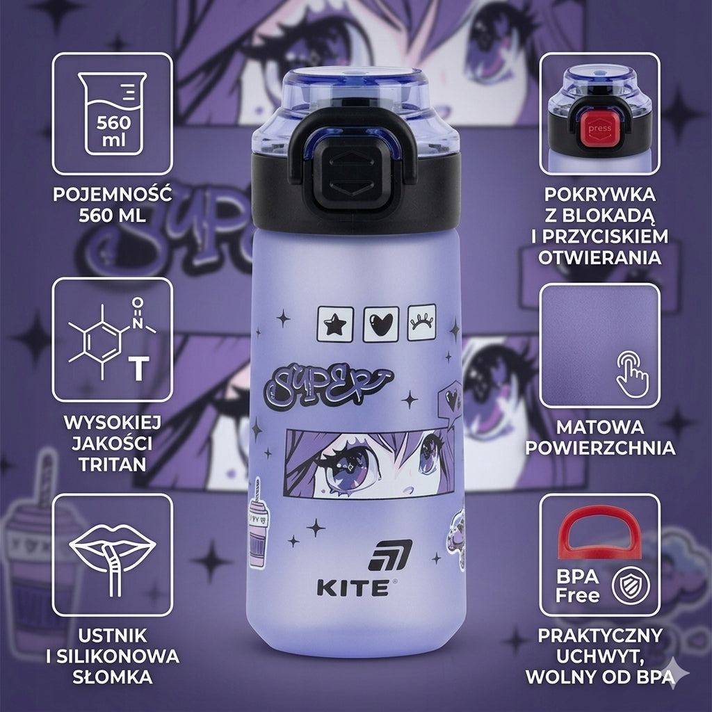 Charakterystyka butelki Kite K26-1213-1: tritan 560 ml, system 2w1, blokada wylania i uchwyt.