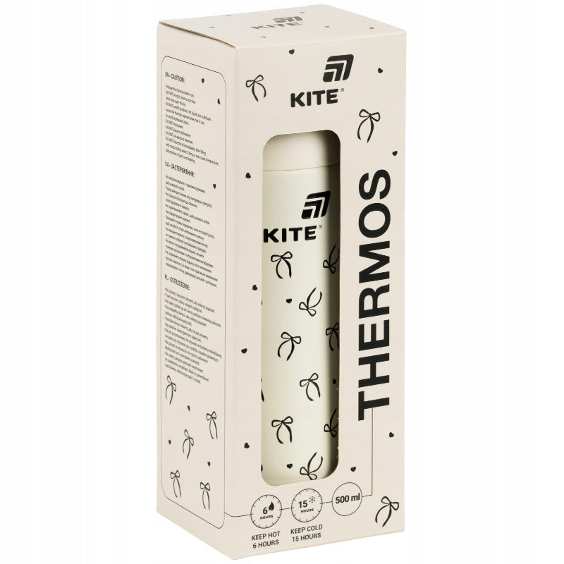 Beżowy termos dziecięcy Kite w kokardki spakowany w pudełko z okienkiem