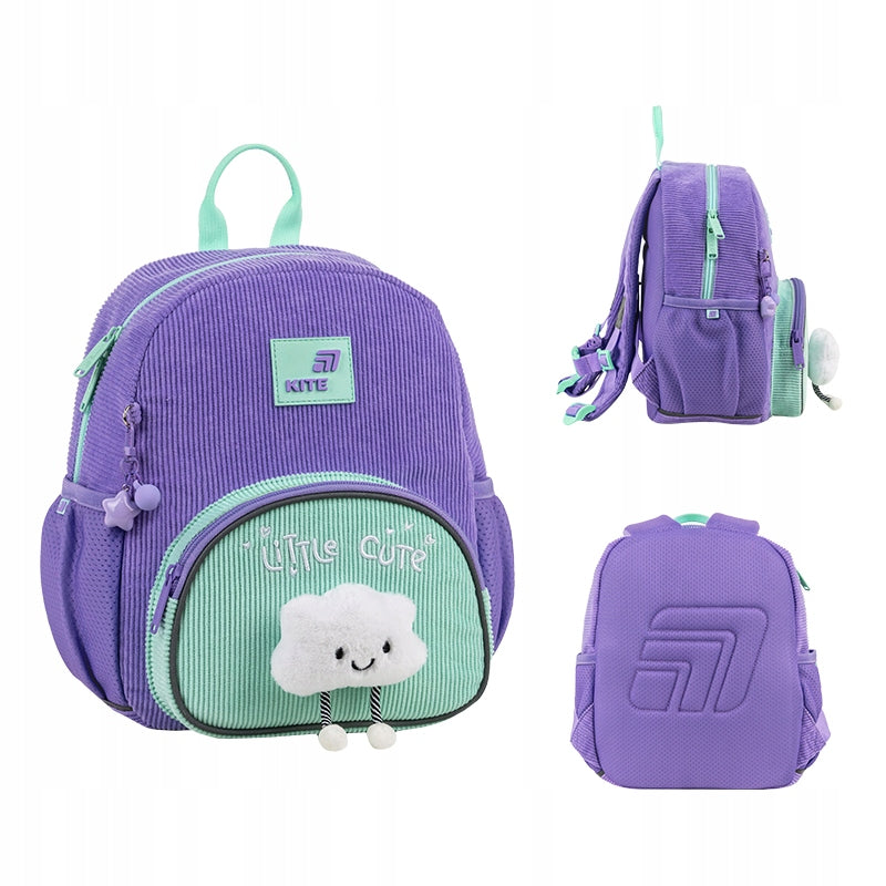 Prezentacja fioletowego plecaka Kite pod różnymi kątami (przód, tył, bok).
