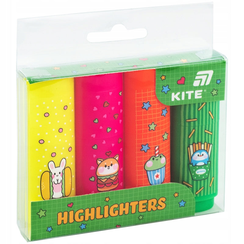 Zestaw 4 mini zakreślaczy Kite K26-445-1 — ogólny widok neonowych markerów w przezroczystym etui.