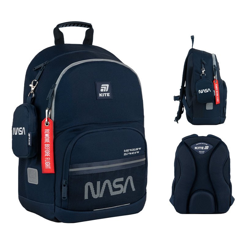 Stylowy plecak Kite NASA w kolorze niebieskim, z gumowymi ściągaczami i odblaskowymi detalami.