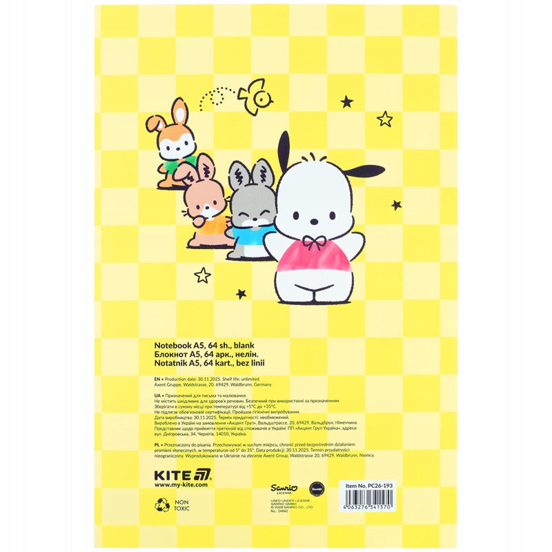 Tył notatnika Pochacco Kite — estetyczne wykończenie i dane licencji.