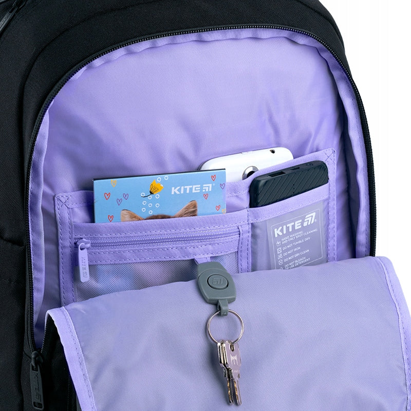 Plecak szkolny czarny Kite kieszeń na telefon z pluszową wyściółką