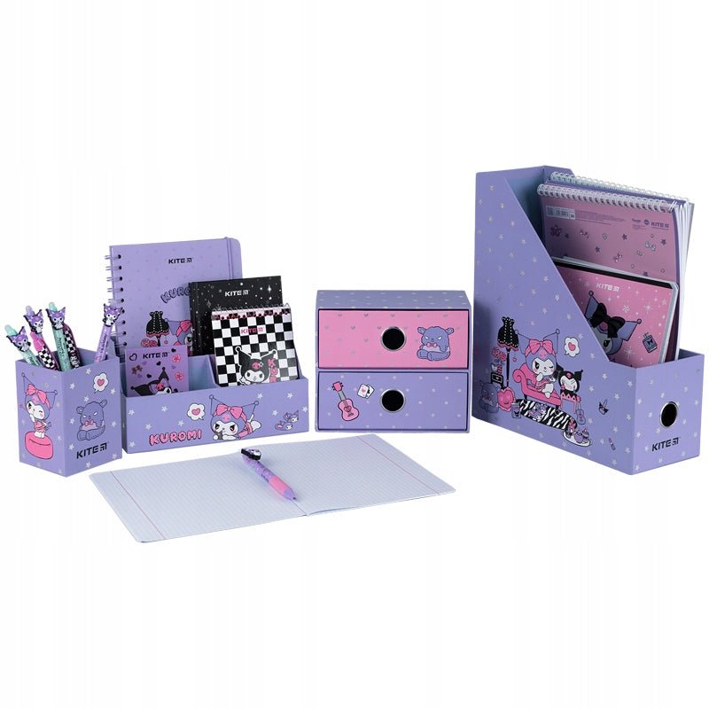 Przybornik na biurko Kuromi Kite – zestaw 4 elementy z motywem Sanrio w kolorach czerni i fioletu