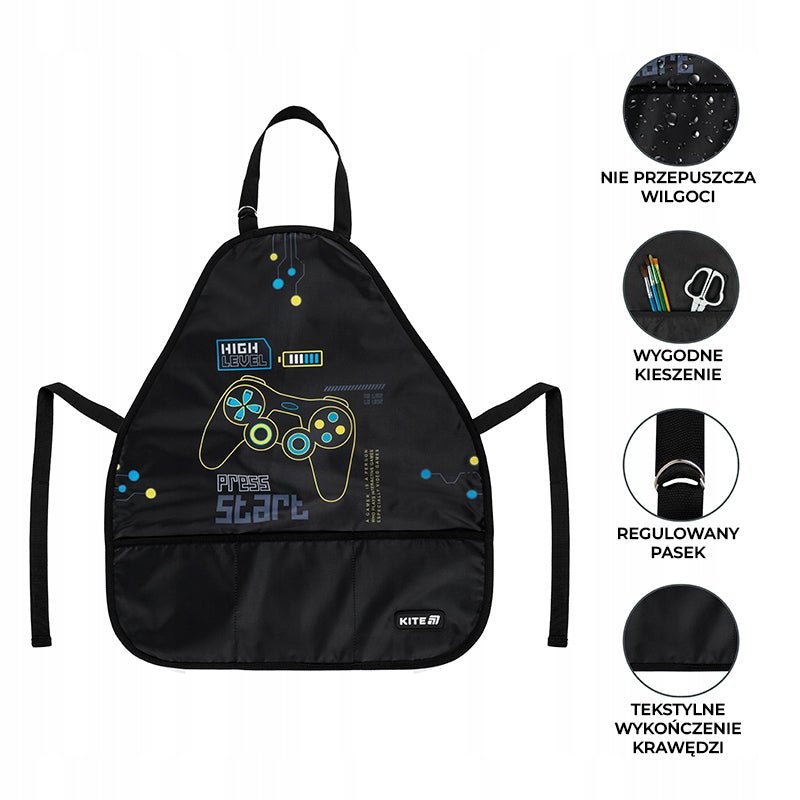 Dziecięcy fartuszek do zajęć plastycznych i kulinarnych, regulowany pasek, elastyczne rękawy, trwały poliester