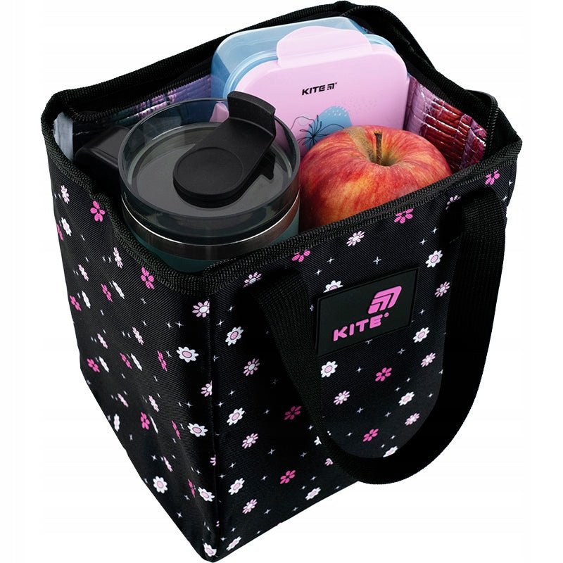 Elegancka czarna torba Kite K24-2707-6 z termoizolacją i wzorami, idealna na piknik lub do szkoły.
