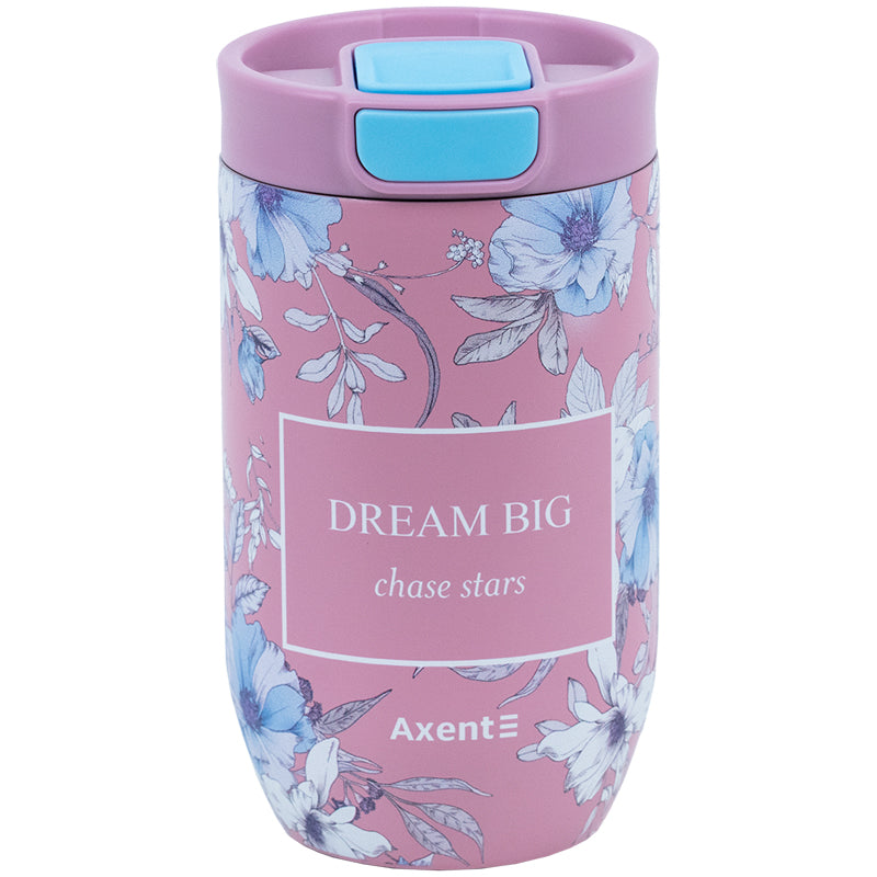 Niebieski kubek termiczny Axent Blue Elegance w kwiaty na białym tle.