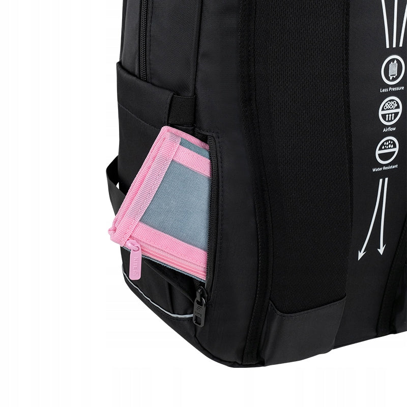 Ukryta kieszeń w plecach plecaka na bezpieczne przechowywanie portfela.