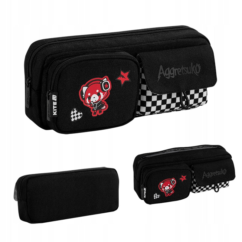 Piórnik saszetka Kite Aggretsuko w kolorze czarnym z widocznymi czerwonymi akcentami i kieszonkami.