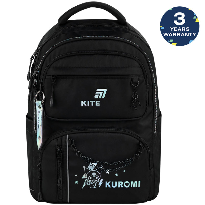 Batoh školní černý vícekomorový Kite Kuromi s řetízkem a přívěskem