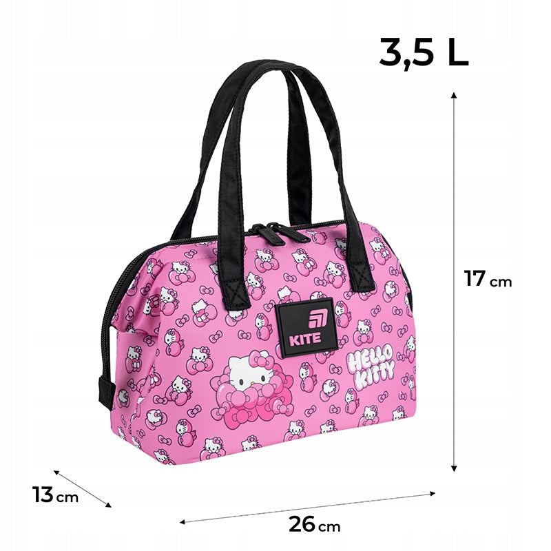 Infografika prezentująca wymiary i pojemność torby Hello Kitty.