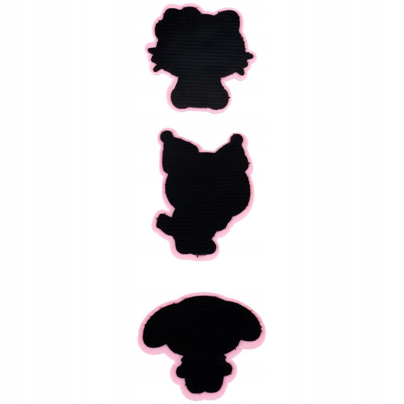 Trzy gumowe emblematy na rzep dla dziewczynek z postaciami Sanrio.