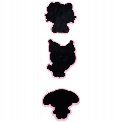 Trzy gumowe emblematy na rzep dla dziewczynek z postaciami Sanrio.
