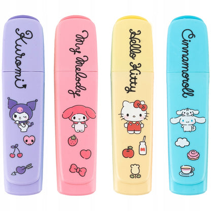 Zestaw 4 pastelowych zakreślaczy Hello Kitty Kite — widok ogólny markerów w etui.