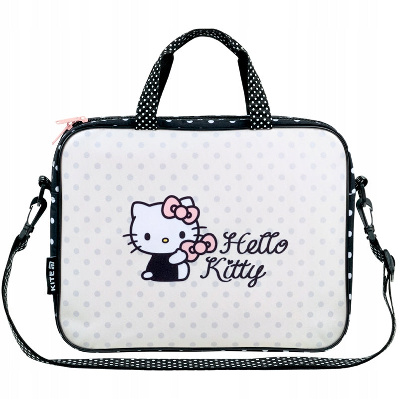Widok z przodu torby-teczki z uroczym wzorem Hello Kitty.