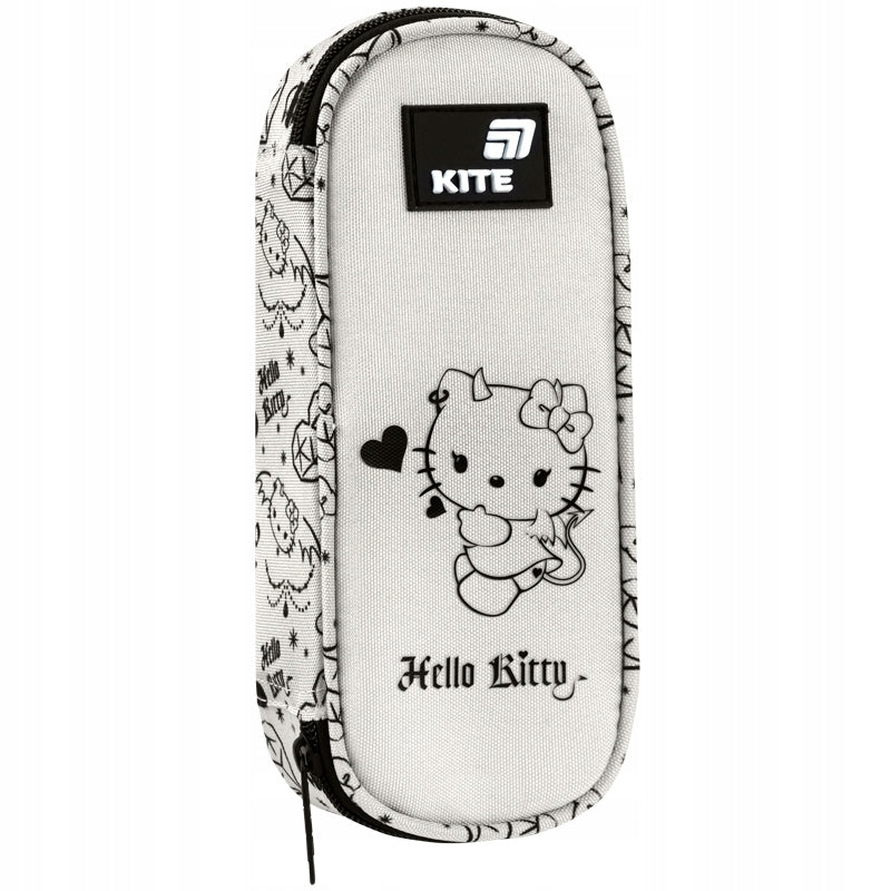 Front beżowego piórnika z grafiką Hello Kitty i naszywką.