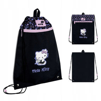 Czarny worek gimnastyczny Kite z dużym nadrukiem Hello Kitty i różowymi elementami.