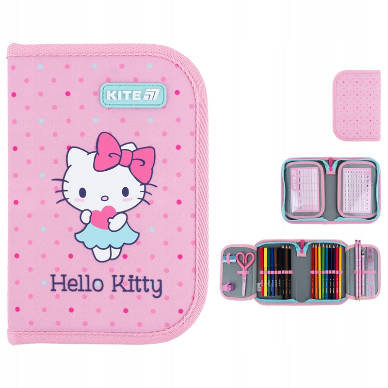Wielostronna prezentacja różowego piórnika Hello Kitty ukazująca grafikę 3D oraz solidne wykończenie zamka.
