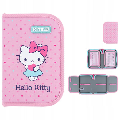 Zestawienie ujęć różowego piórnika Kite Hello Kitty z każdej strony pokazujące nadruk 3D.