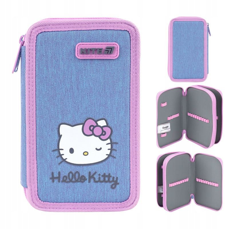 Niebieski piórnik szkolny Kite Hello Kitty widoczny z każdej perspektywy.