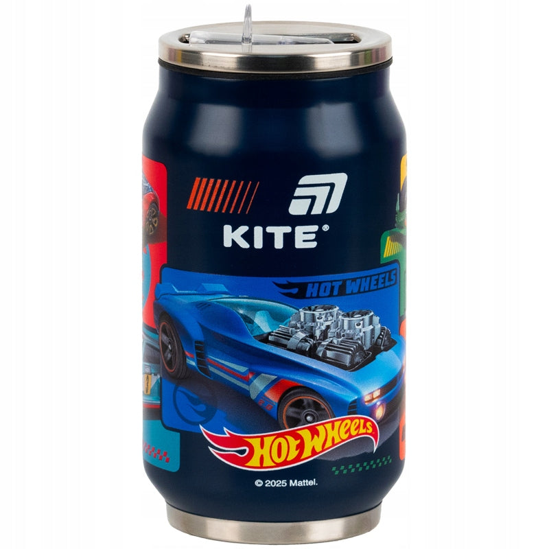 Kubek termiczny Kite Hot Wheels w kolorze niebieskim z dynamiczną grafiką wyścigową.