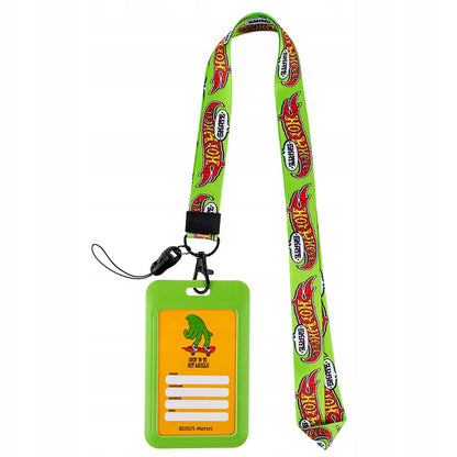 Przednia strona identyfikatora Hot Wheels Kite z kolorowym motywem samochodowym i przezroczystą kieszenią.