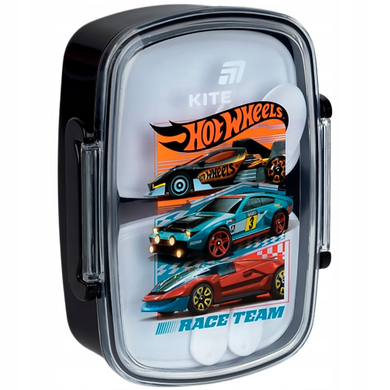 Czarny lunchbox Kite Hot Wheels z przezroczystą pokrywką i mocnymi zatrzaskami.