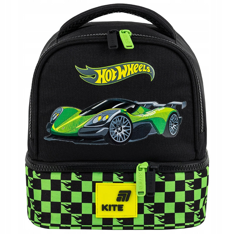 Front torby termicznej z logo Hot Wheels i grafiką samochodu.