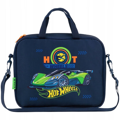 Widok z przodu niebieskiej torby-teczki z grafiką Hot Wheels.