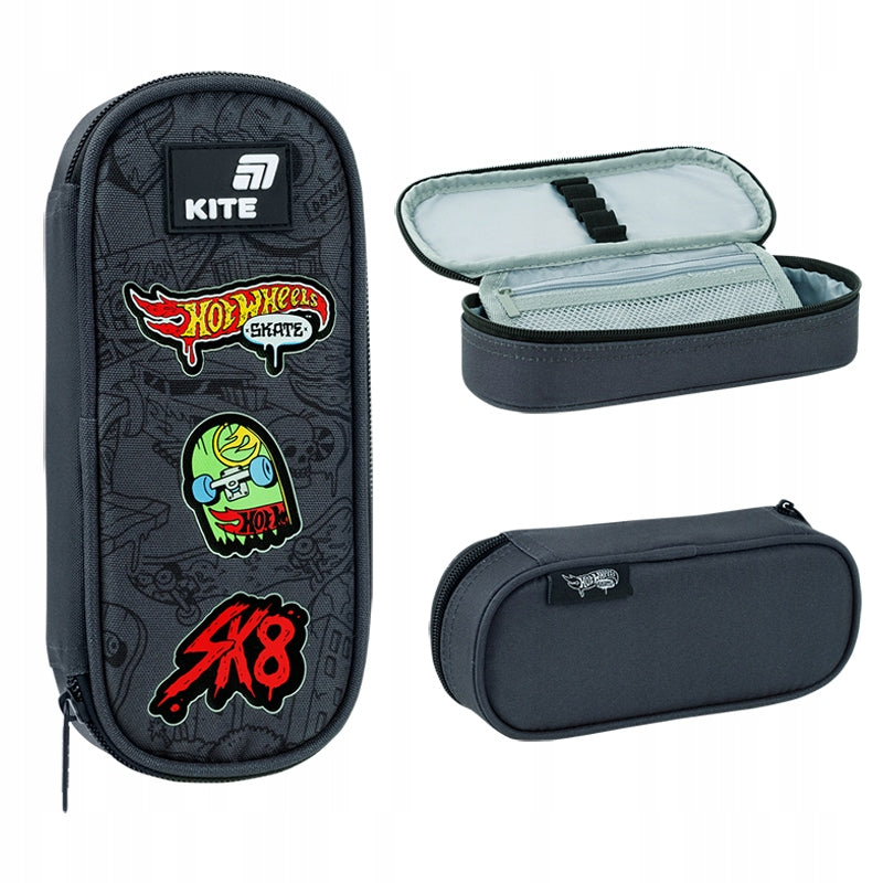 Prezentacja szarego piórnika saszetki Kite Hot Wheels z różnych perspektyw ukazująca jego kształt.