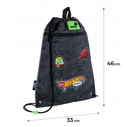 Wymiary szarego worka na buty Kite Hot Wheels przedstawione na zdjęciu z infografiką.