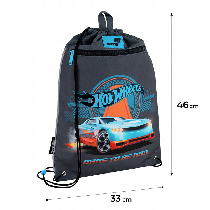 Wymiary szarego worka na buty Kite Hot Wheels przedstawione na zdjęciu z infografiką.