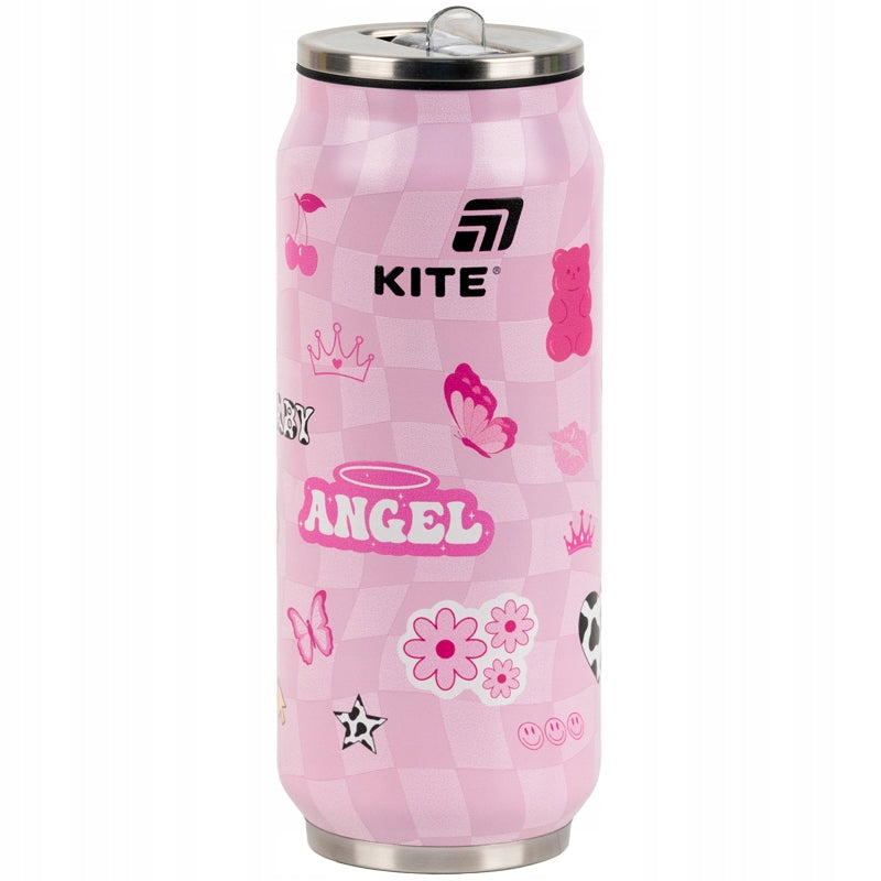 Kubek termiczny Kite Angel w intensywnym różowym kolorze z eleganckim nadrukiem.