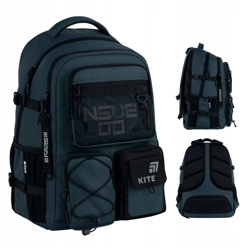 Plecak młodzieżowy Kite – widok z każdej strony na system 8 kieszeni, profilowane plecy oraz wzmocnione dno.