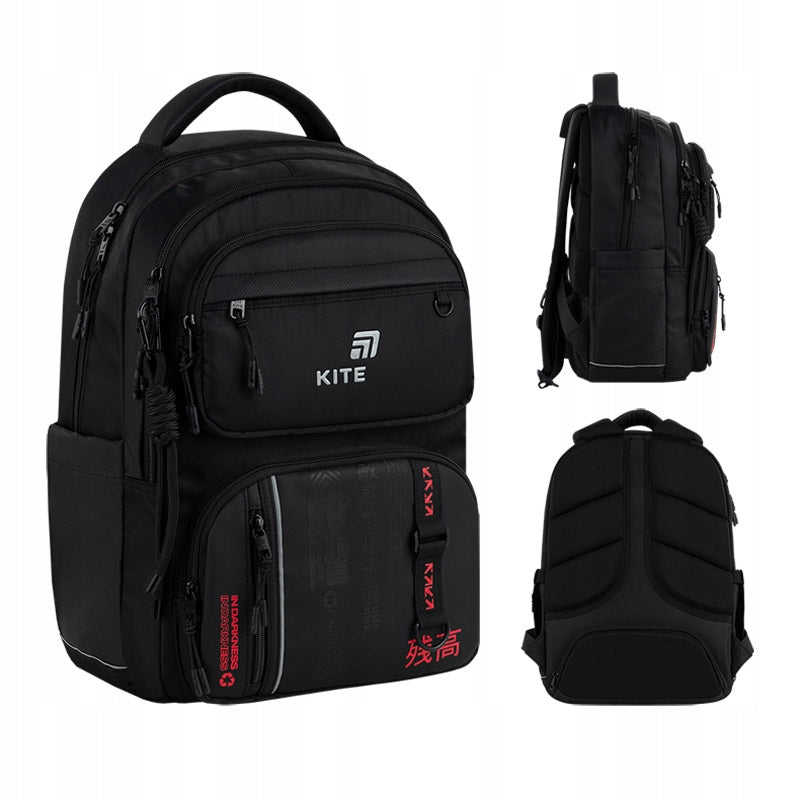 Zestawienie zdjęć czarnego plecaka Kite pod różnymi kątami.