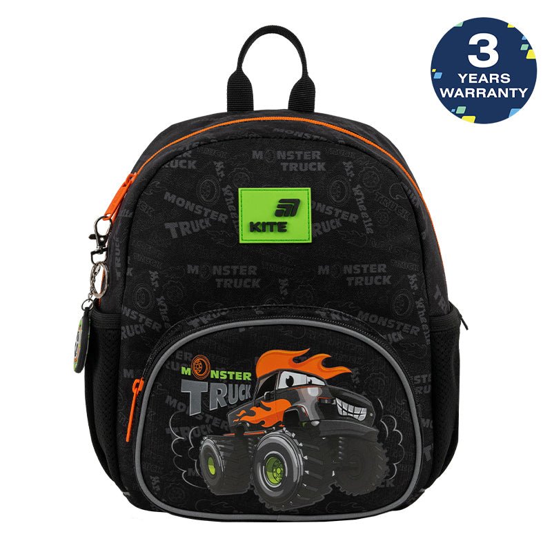 Plecak przedszkolny Kite Kids Monster Truck czarny dla chłopca z brelokiem do zerówki